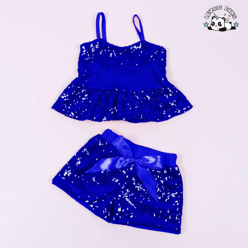 LEZONKIDS - Custom Logo Summer Girls Casual Cotton Suspender Vest Sequins Top Shorts Suit